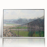 Acrylic print of Camille Pissarro's impressionist painting in a white frame, featuring soft pastel colors.