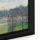 Close-up of extra large black wall art featuring a textured, colorful impressionist style by Camille Pissarro.