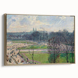 Vintage poster art of a landscape painting by Camille Pissarro, framed in gold, ideal for bedroom wall art.