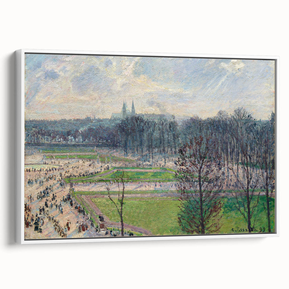 Vintage poster art featuring a Camille Pissarro design on a framed canvas, with colorful imagery.