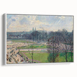 Vintage poster art featuring a Camille Pissarro design on a framed canvas, with colorful imagery.