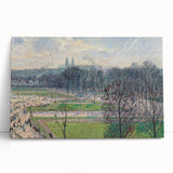 Black and white print of Camille Pissarro's painting on a large stretched canvas.