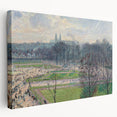 Side view of a Camille Pissarro-inspired stretched canvas featuring a pastoral landscape in soft green and blue tones.