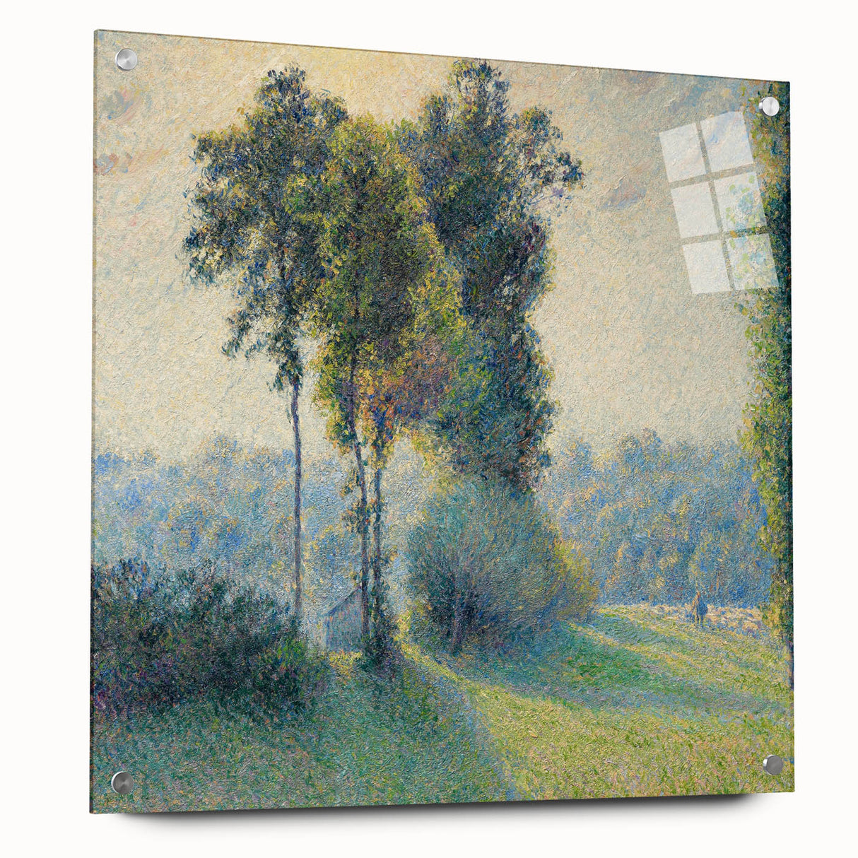 Side view of a Camille Pissarro inspired large abstract wall art on acrylic glass, featuring soft earth tones.