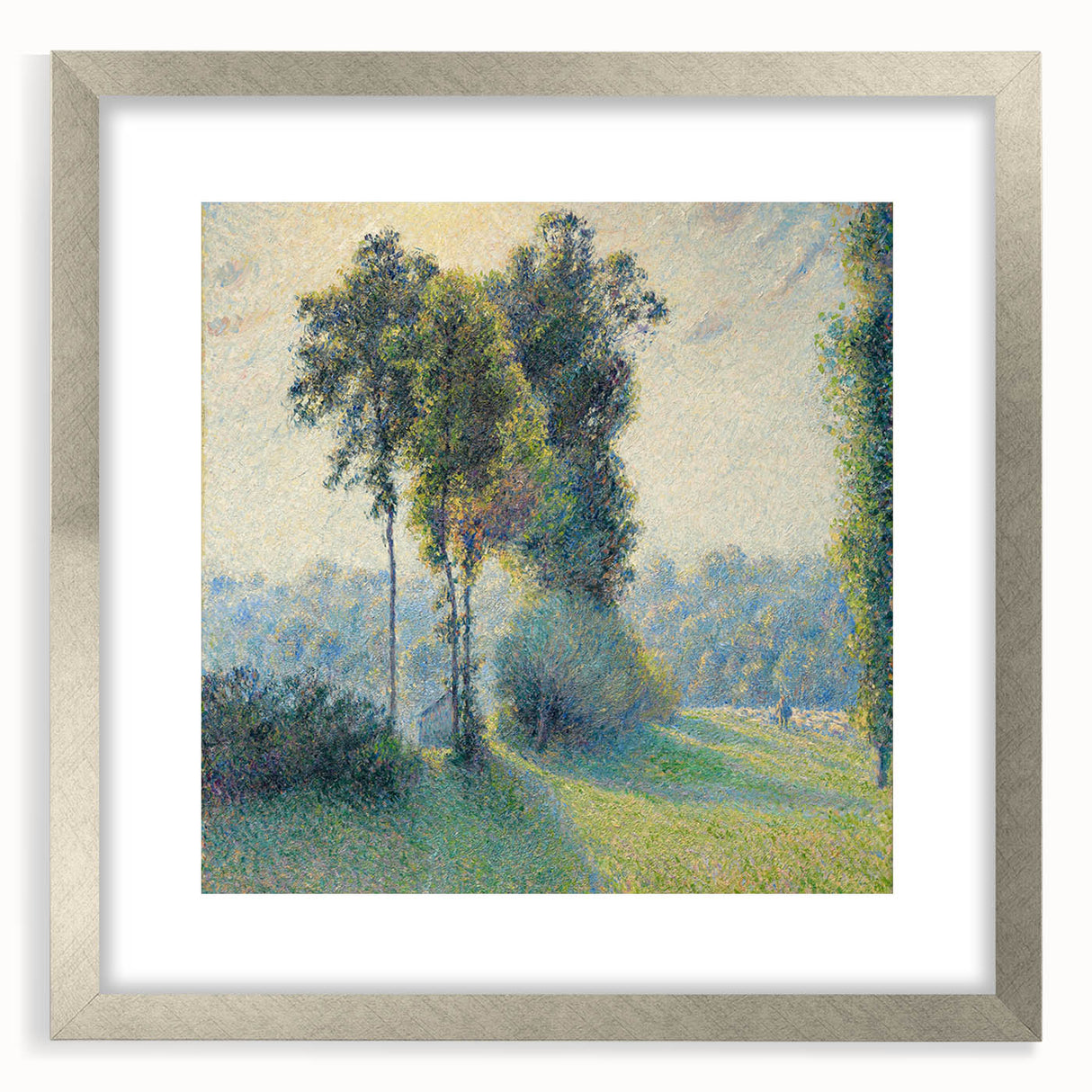 Textured abstract art print of a vibrant cityscape, rendered in blues and greens on a framed silver mat.