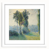 Abstract art print of a colorful, impressionist landscape on white framed canvas, ideal for dining room decor.