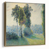 Framed canvas depicting a Camille Pissarro-inspired landscape in muted green and brown tones, ideal for bedroom wall art.