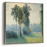 Framed canvas of a Camille Pissarro landscape painting, featuring vibrant greens and blues.