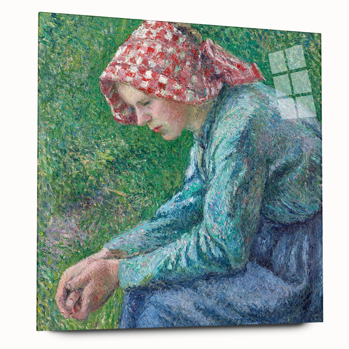 Side view of a large acrylic glass print featuring Camille Pissarro's impressionist art.