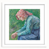 Abstract art print of a colorful Camille Pissarro landscape on white framed canvas, ideal for dining room decor.