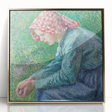 Large art print of a Camille Pissarro landscape in gold frame, featuring pastel shades, perfect for modern nursery wall art.