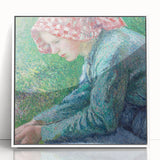 Art deco poster of a Camille Pissarro painting in muted colors, framed acrylic, ideal for nursery wall art.