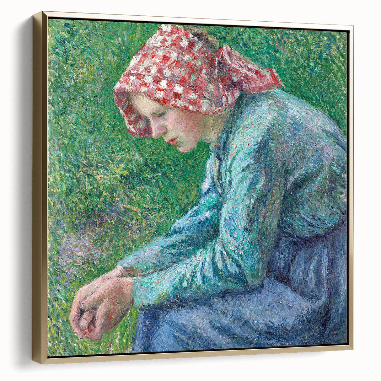 Framed canvas featuring a Camille Pissarro landscape painting in subdued earth tones, ideal for bedroom wall art.