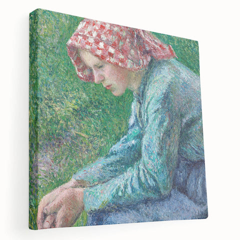Camille Pissarro inspired impressionist landscape on large stretched canvas, featuring soft earth tones.