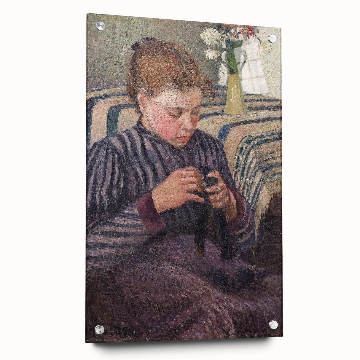Acrylic print of Camille Pissarro's impressionist painting, featuring soft earth tones, ideal for dining room decor.