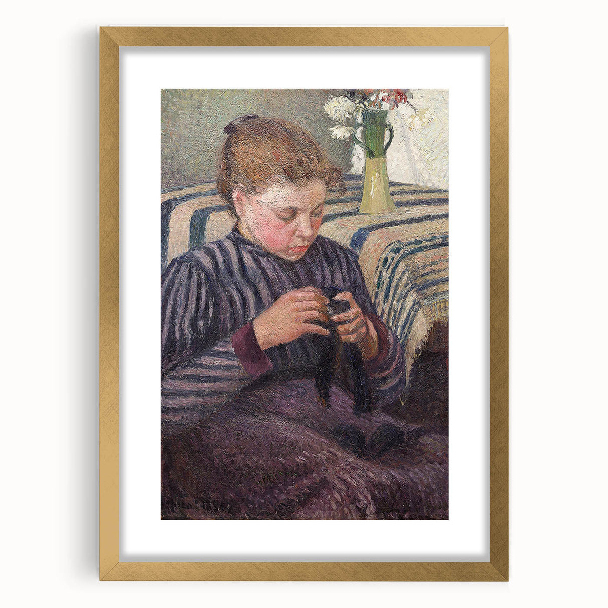 Extra large canvas featuring an abstract print of Camille Pissarro's design in gold frame, suitable for living room decor.