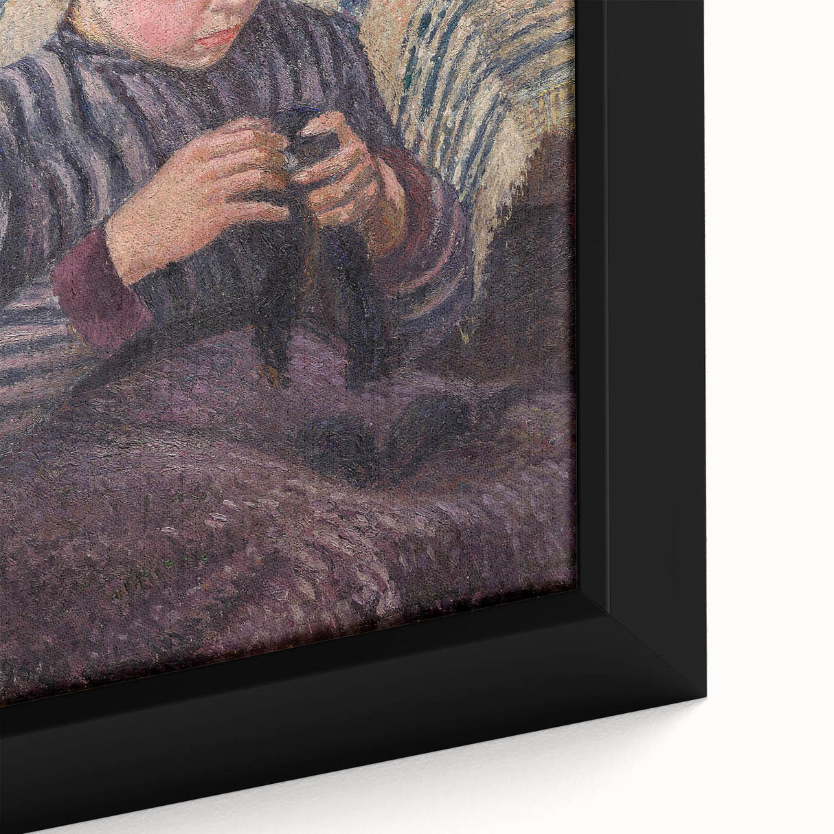 Extra large black wall art featuring a textured, colorful impressionist style painting by Camille Pissarro, framed on canvas.