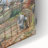 Mid-century modernist art of abstract shapes in muted earth tones on acrylic glass, suited for dining room decor.