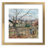 Extra large abstract art print of a textured scene by Camille Pissarro in a gold frame, ideal for living room decor.