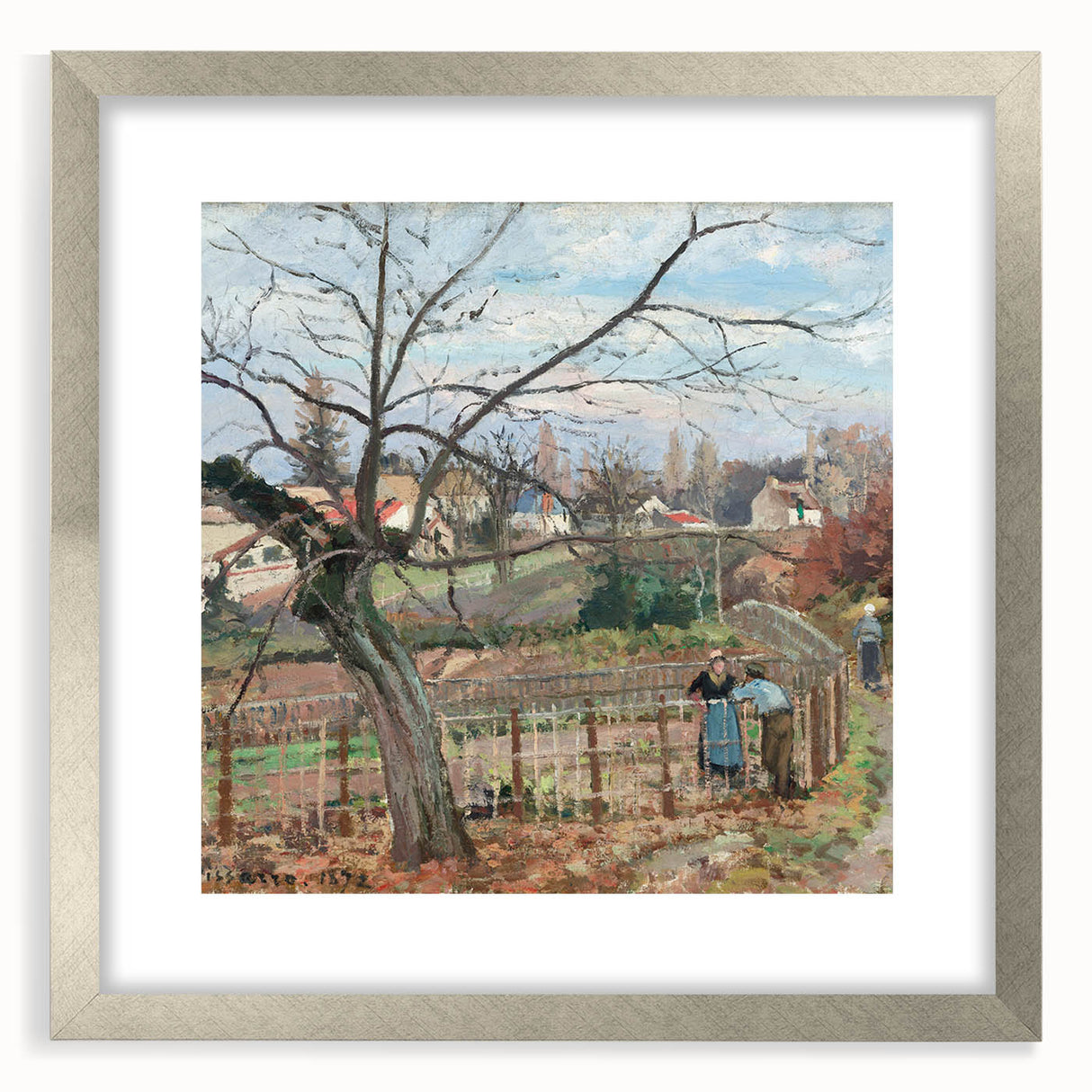 Textured abstract art print of a serene landscape in muted greens and blues, framed in silver, ideal for bedroom ambiance.