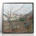 Large abstract wall art print of a Camille Pissarro-inspired scene in muted earth tones, framed in black acrylic.