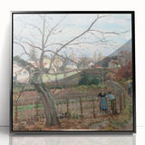 Large abstract wall art print of a Camille Pissarro-inspired scene in muted earth tones, framed in black acrylic.
