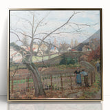 Large art print of Camille Pissarro's painting in gold frame, featuring soft pastel tones, ideal for nursery wall art.