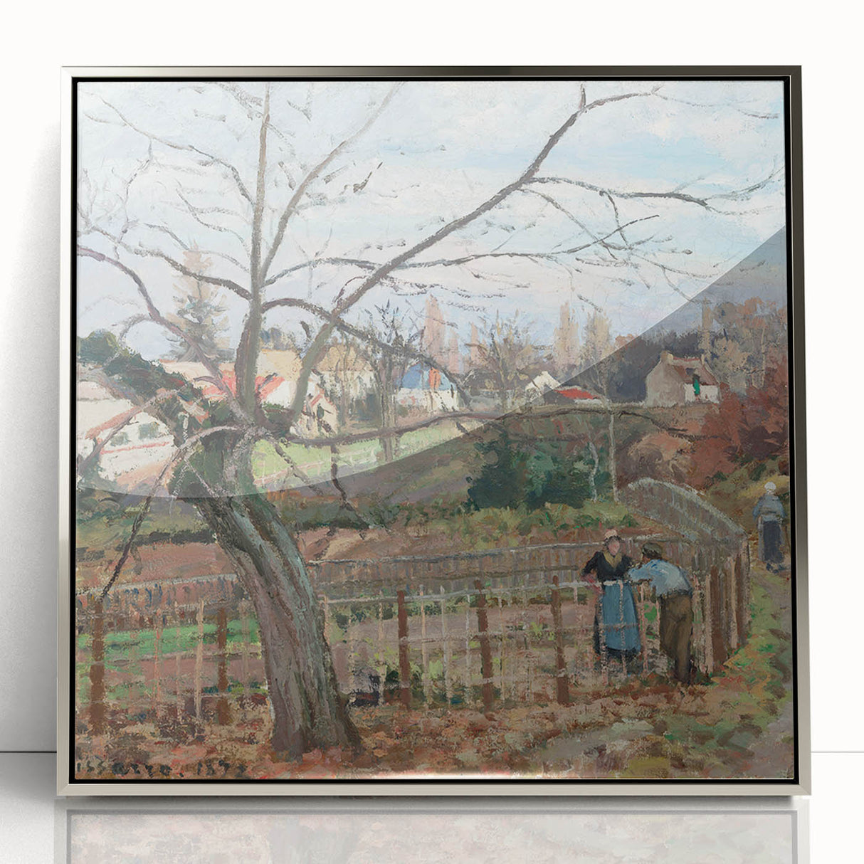 Mid-century modernist art depicting a serene landscape in soft green and blue tones, acrylic print framed in silver.