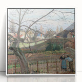 Acrylic print of Camille Pissarro's impressionistic artwork in a white frame, featuring soft pastel shades.