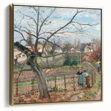 Framed canvas depicting a Camille Pissarro vintage landscape painting in muted earth tones, ideal for bedroom wall art.