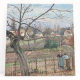 Black and white print of 'The Impressionists and Beyond' by Camille Pissarro on stretched canvas, ideal for kitchen wall art.