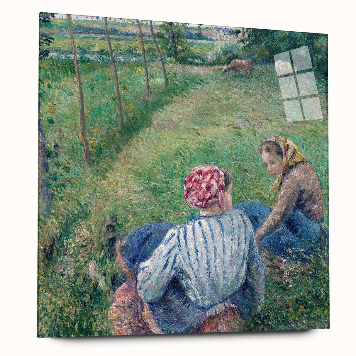 Side view of a large acrylic print featuring Camille Pissarro's impressionist art, with soft pastel colors.