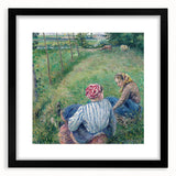 Extra large abstract art print of a colorful, textured scene by Camille Pissarro, in a black frame.