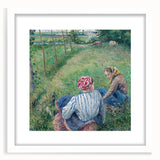 Abstract art print of a Camille Pissarro-inspired scene in soft pastel shades on a white-framed canvas.