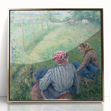 Mid-century modernist acrylic print of a Camille Pissarro painting, featuring soft pastel tones, framed in gold.
