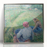 Mid-century modernist art by Camille Pissarro, featuring muted earth tones in acrylic, framed in silver.