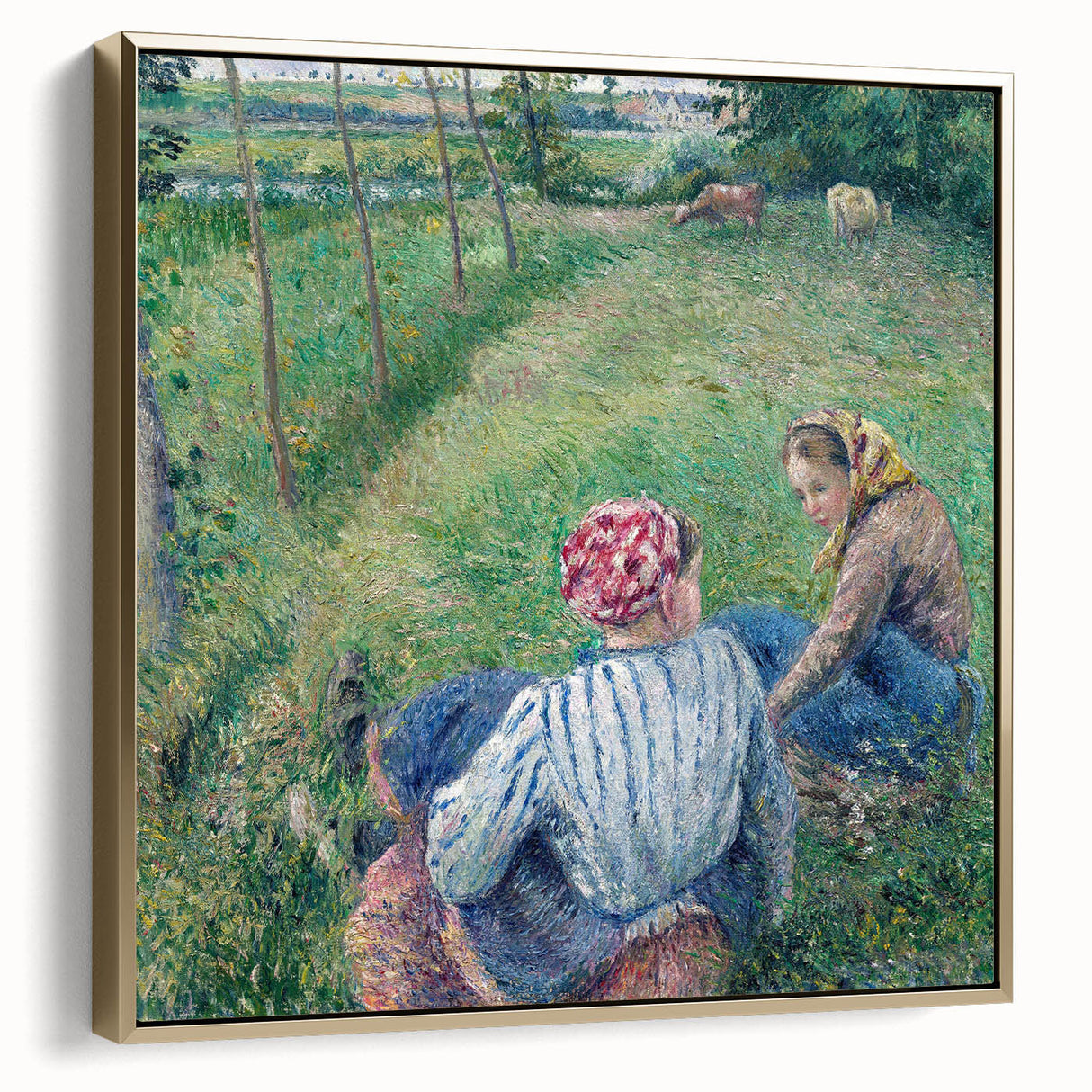Landscape painting by Camille Pissarro in a vintage style, featuring muted earth tones on a framed canvas.