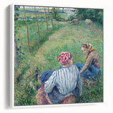 Vintage poster art of a Camille Pissarro painting on a white framed canvas, featuring colorful rural landscape.