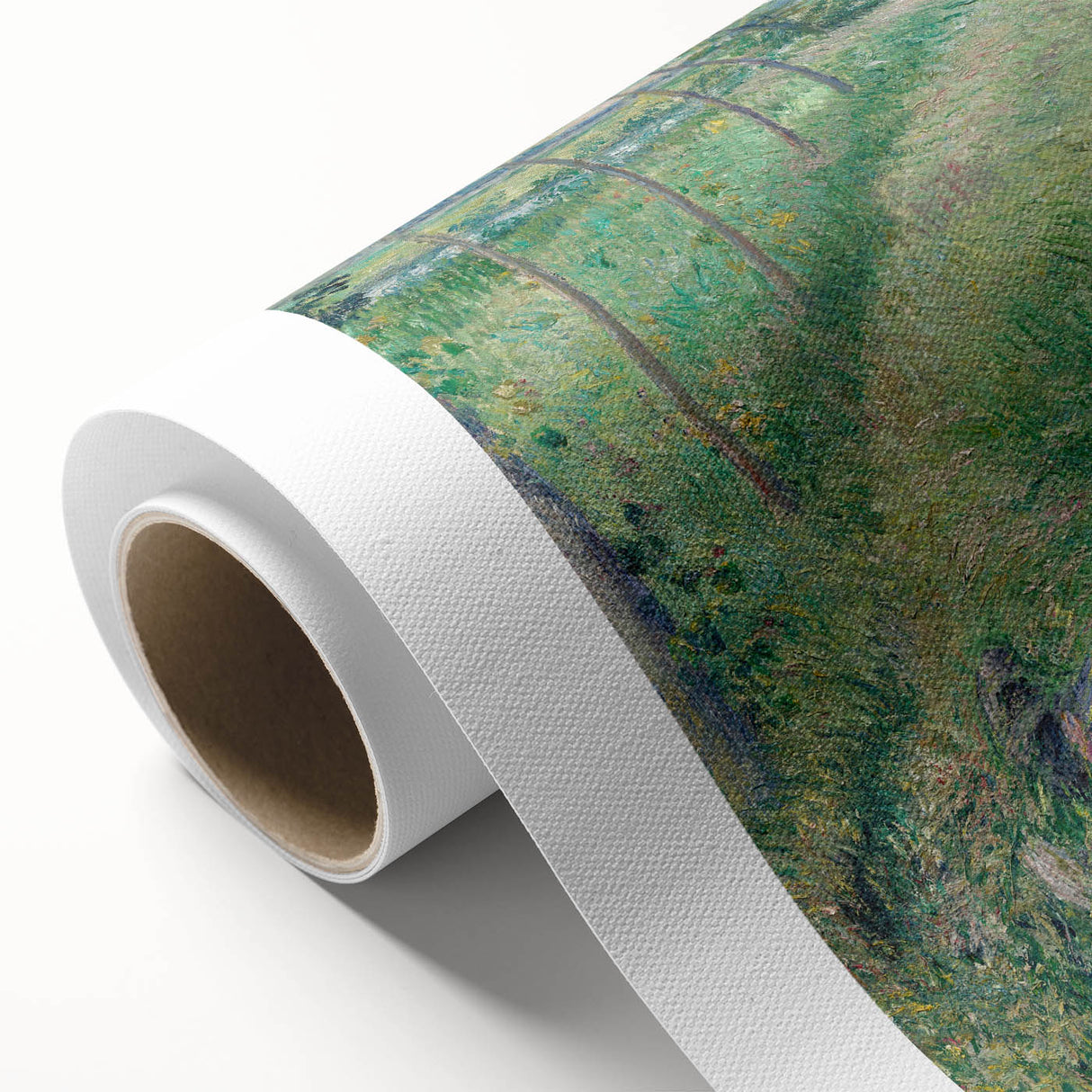 Art deco poster of a serene landscape in soft green and blue tones on rolled canvas, ideal for nursery wall art.