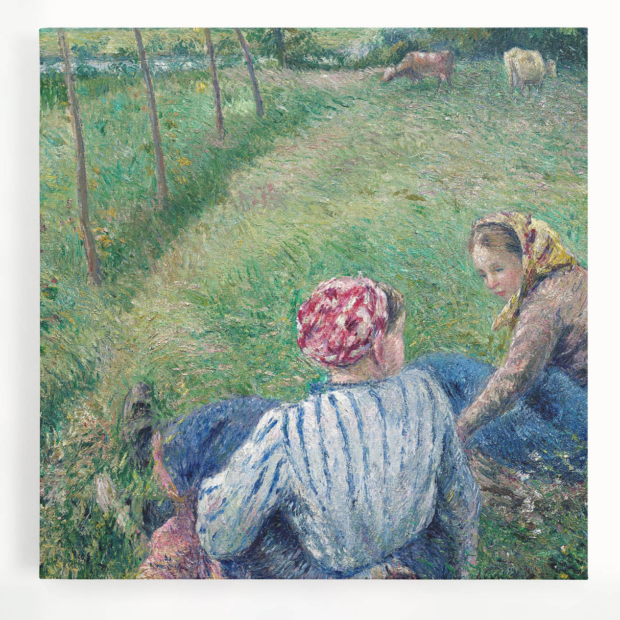Black and white stretched canvas featuring a Camille Pissarro inspired impressionist scene, ideal for kitchen wall art.