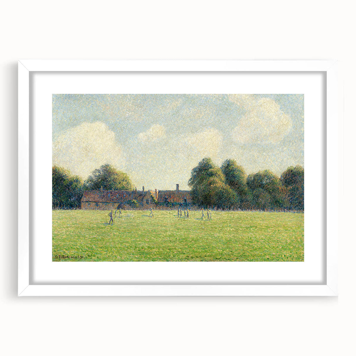 Abstract art print of a Camille Pissarro design in muted earth tones on a white framed canvas, ideal for dining room decor.