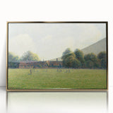 Mid-century modernist acrylic print of a Camille Pissarro painting in gold frame, ideal for nursery wall art.