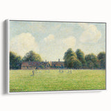 Framed canvas of a vintage poster art depicting a colorful, Camille Pissarro-inspired landscape, ideal for living room decor.