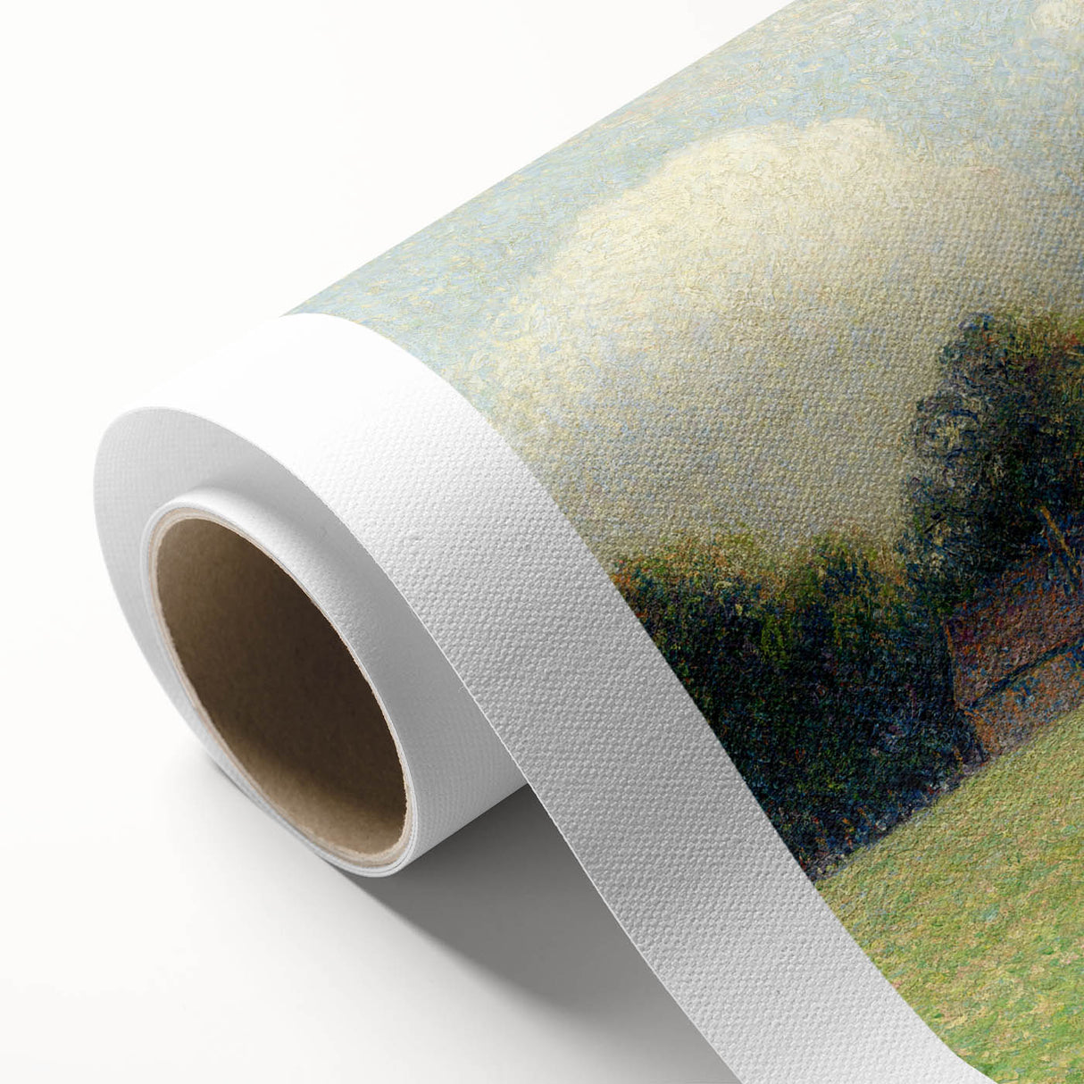 Art Deco style poster of a tranquil landscape in soft green and blue tones, printed on rolled canvas.