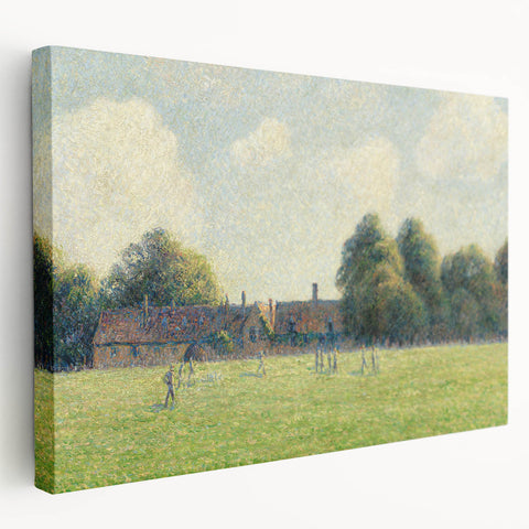 Side view of a large Camille Pissarro-inspired impressionist canvas art, featuring lush green and earth tones.