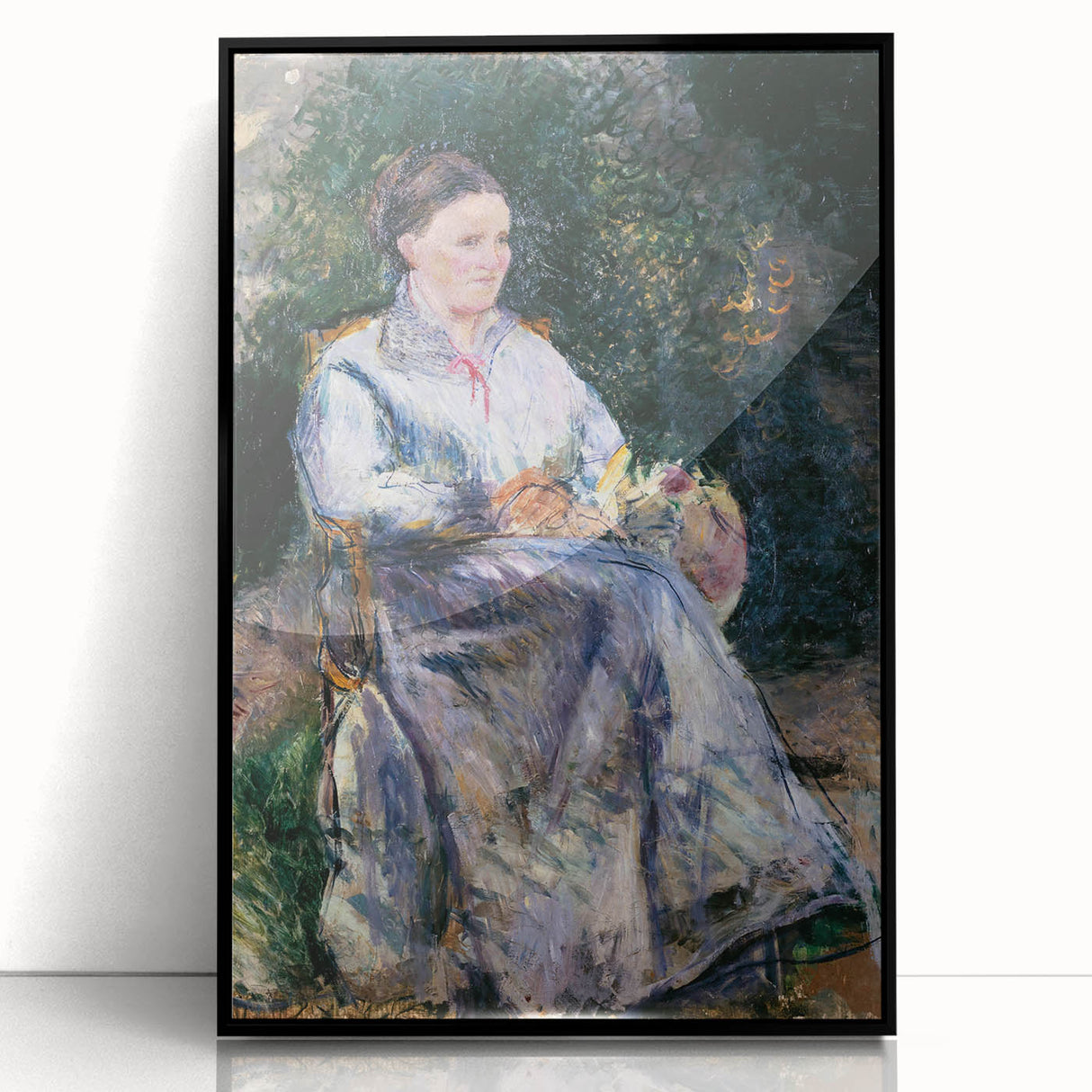 Large abstract wall art depicting a mid-century modernist scene in muted earth tones on a black framed acrylic print.