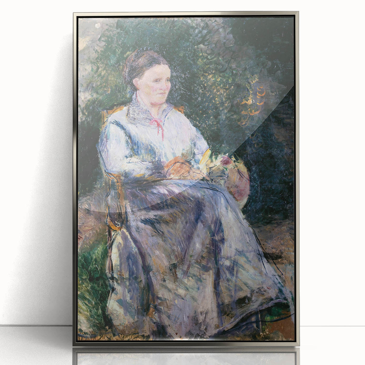 Mid-century modernist art by Camille Pissarro featuring a rural landscape in muted greens and blues, framed acrylic.