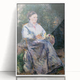 Art deco poster of a Camille Pissarro painting with muted earth tones, framed in white acrylic.