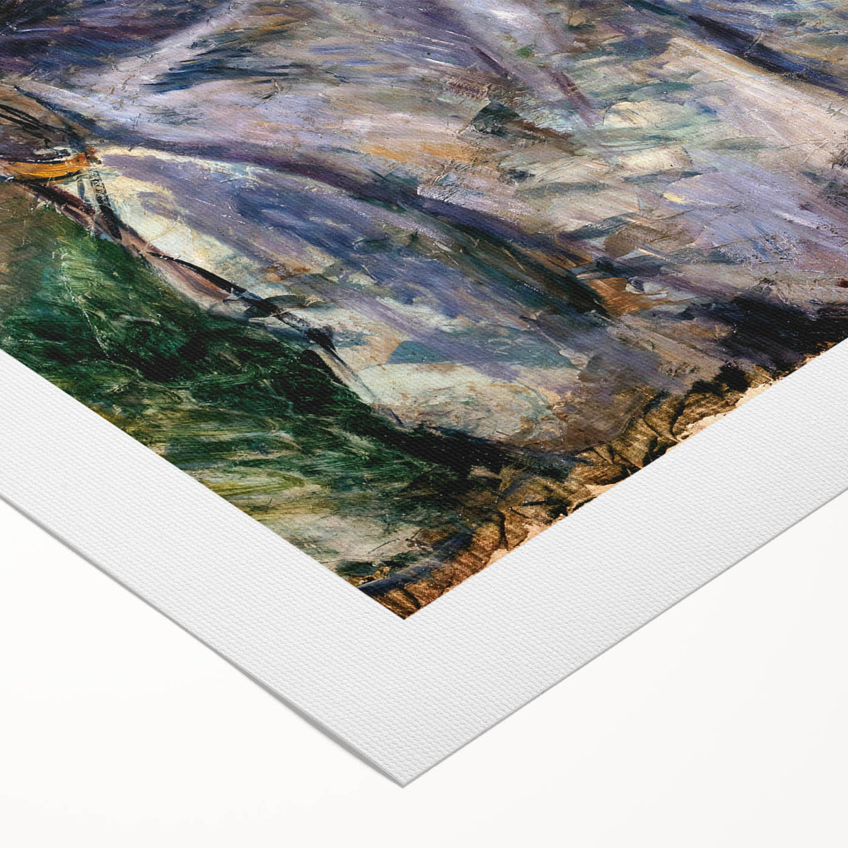Art deco poster featuring a detailed Camille Pissarro cityscape in muted earth tones on rolled canvas.