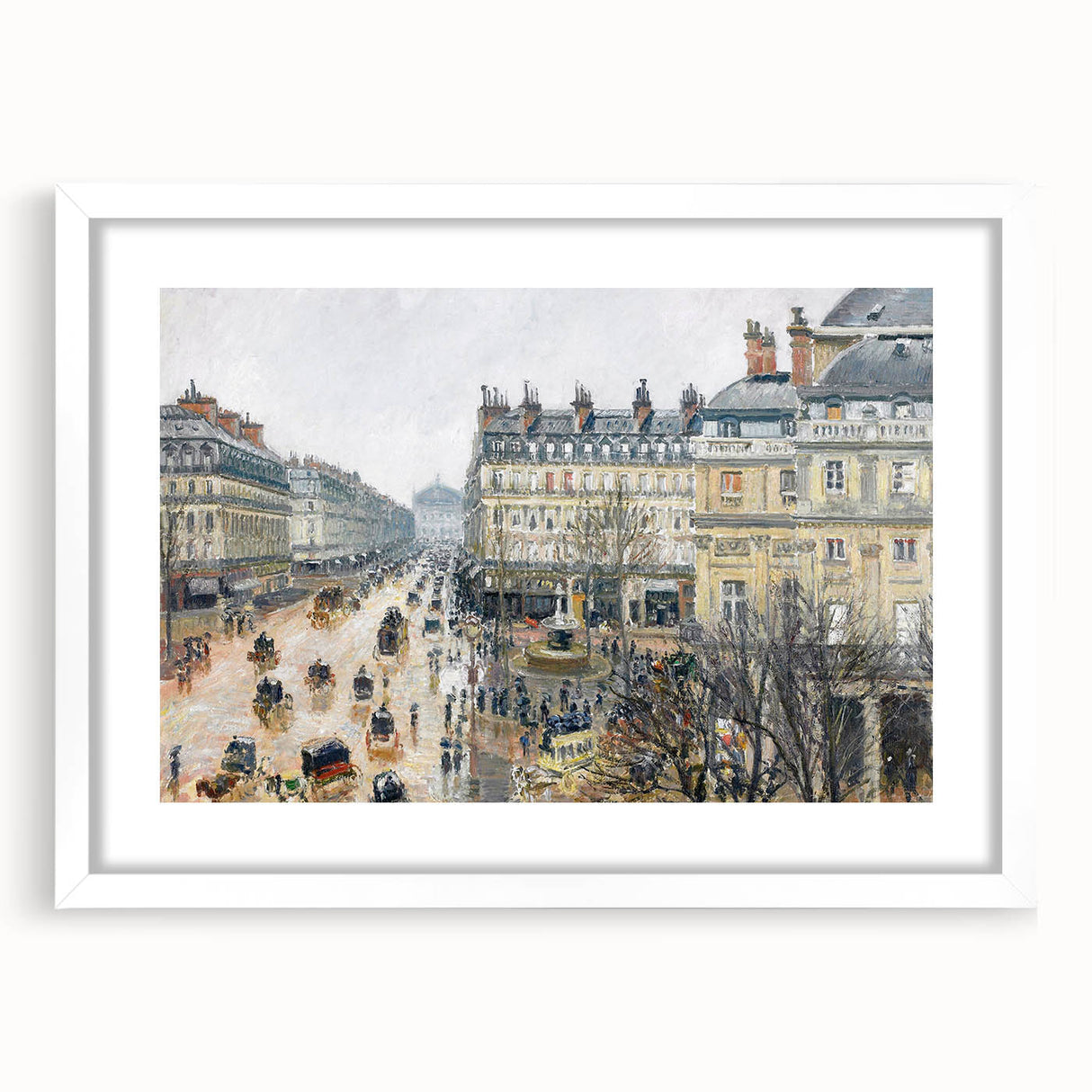 Abstract art print of a vibrant, multicolored landscape on white-framed canvas, ideal for bedroom or dining room decor.